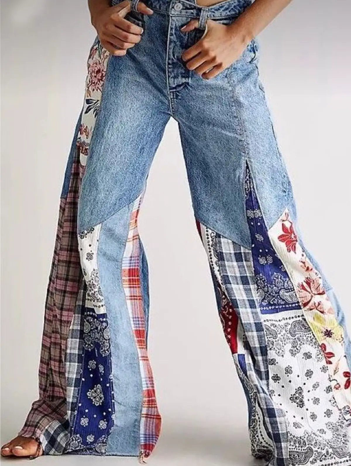 Retro Denim Stitching Button High Waist Wide Leg Jeans blue denim with patchwork side panels on Tampa Home & Garden Store