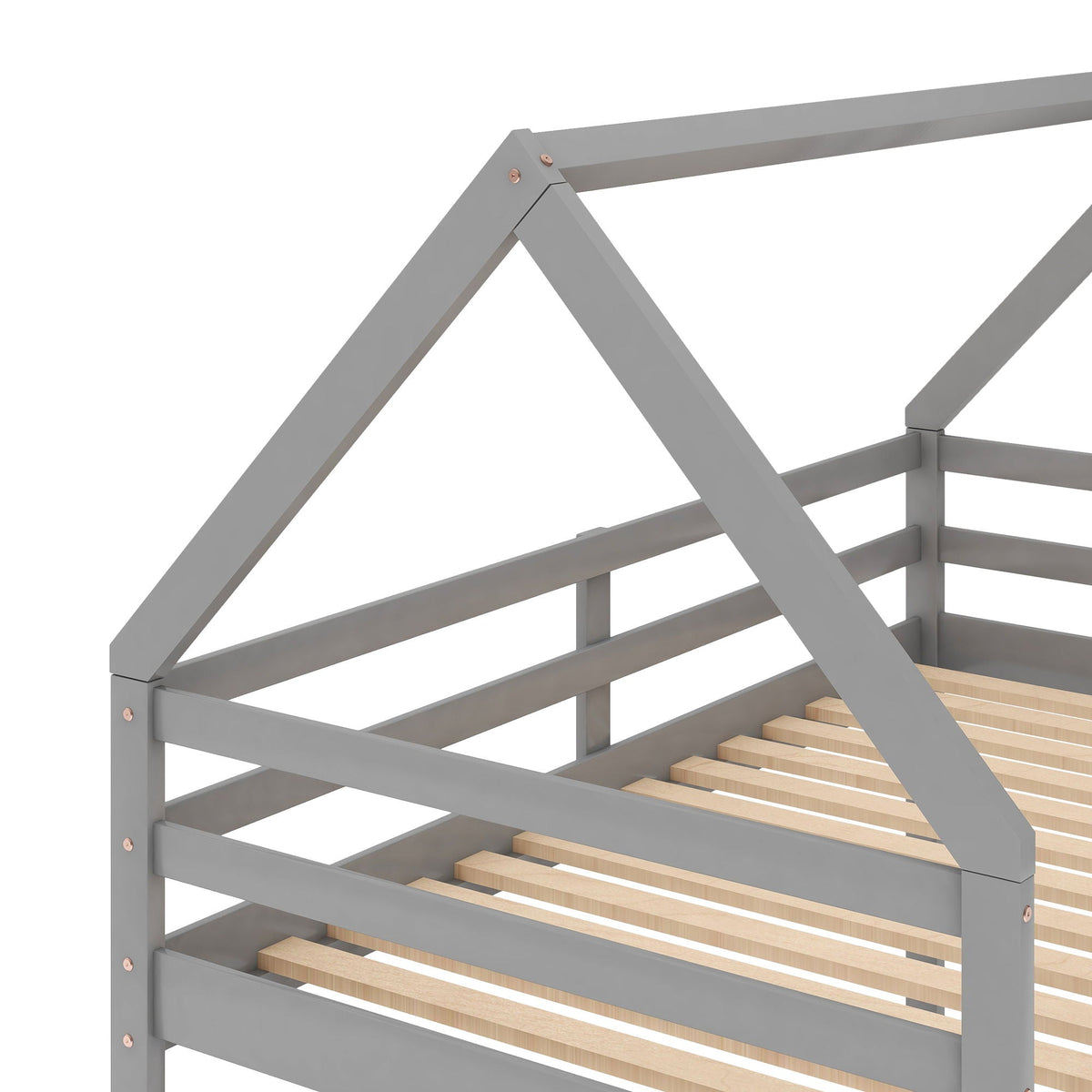 Low bunk bed with house-shaped frame and ladder, gray finish, wooden slats, HouseOfZazla on Tampa Home & Garden Store