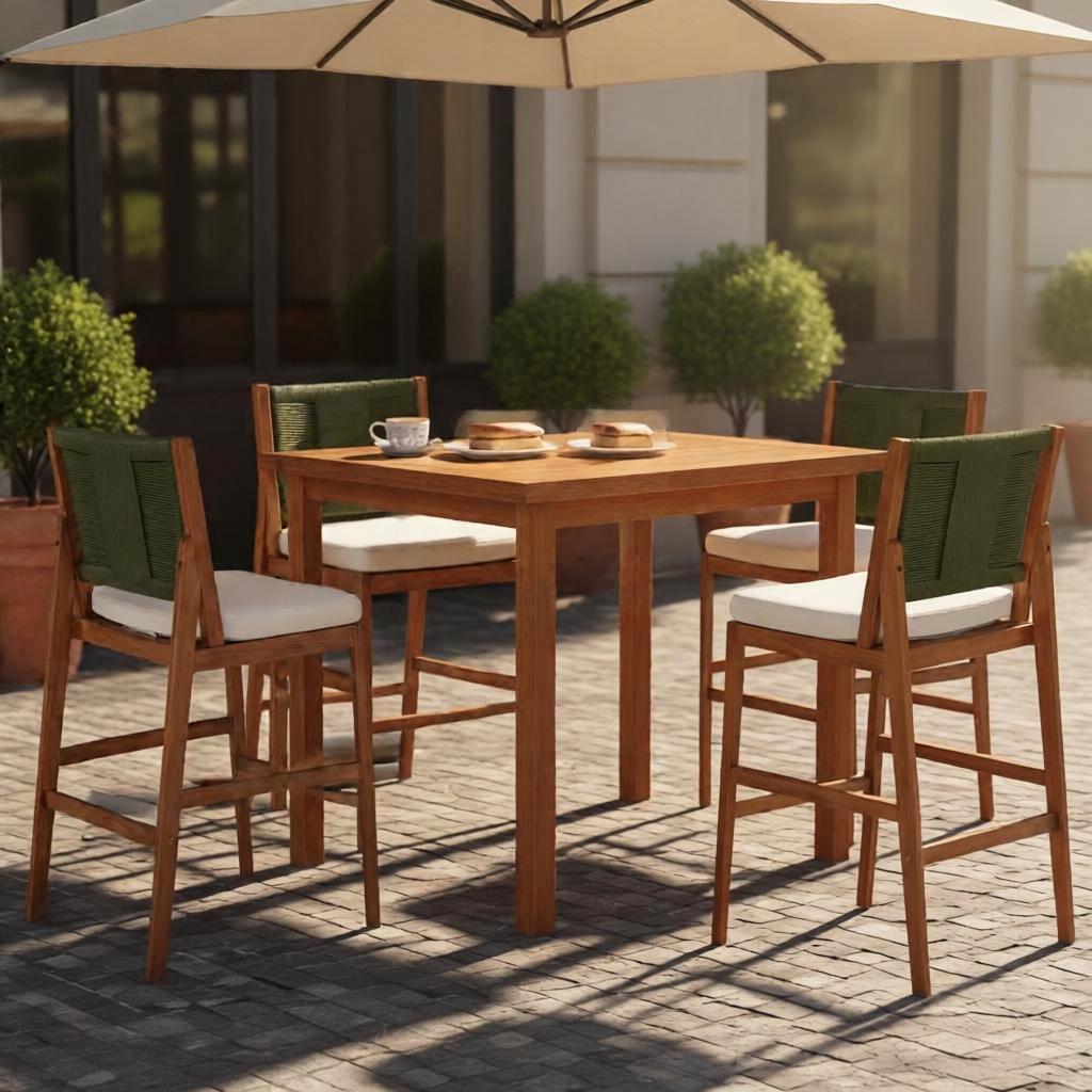 4 Piece Arly Green Outdoor Bar Stool Set wooden bar stools with white cushions and green backs HouseOfZazla on Tampa Home & Garden Store