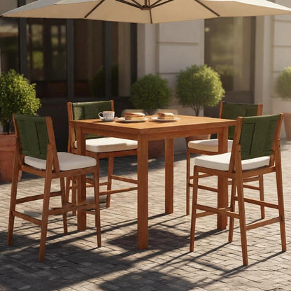 4 Piece Arly Green Outdoor Bar Stool Set wooden bar stools with white cushions and green backs HouseOfZazla on Tampa Home & Garden Store