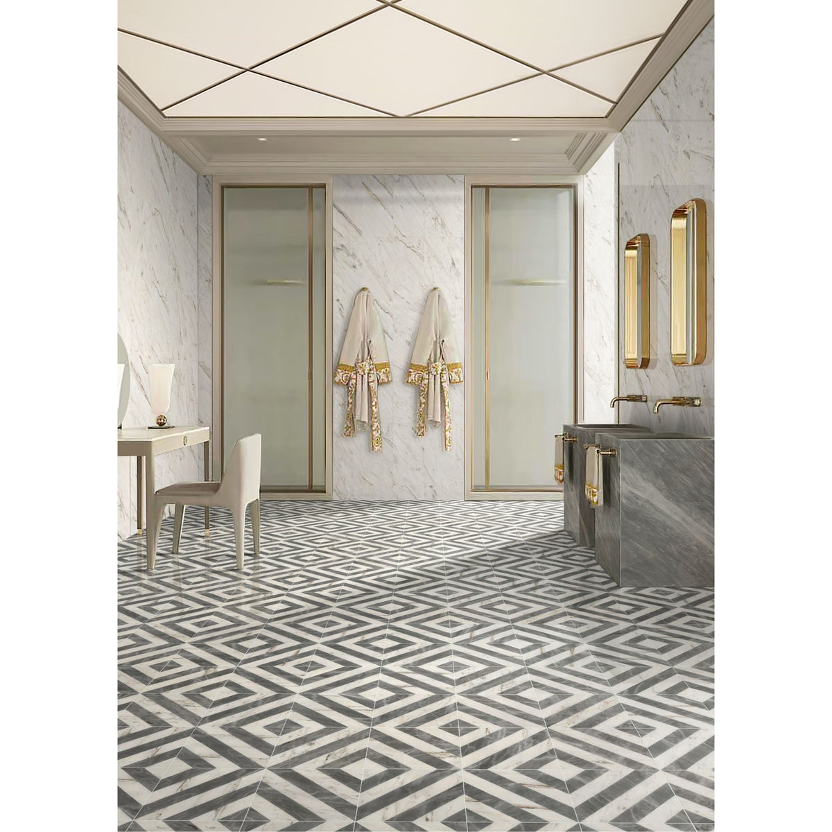 Marble tile for floor and wall with black white chevron and gold fixtures on Tampa Home & Garden Store
