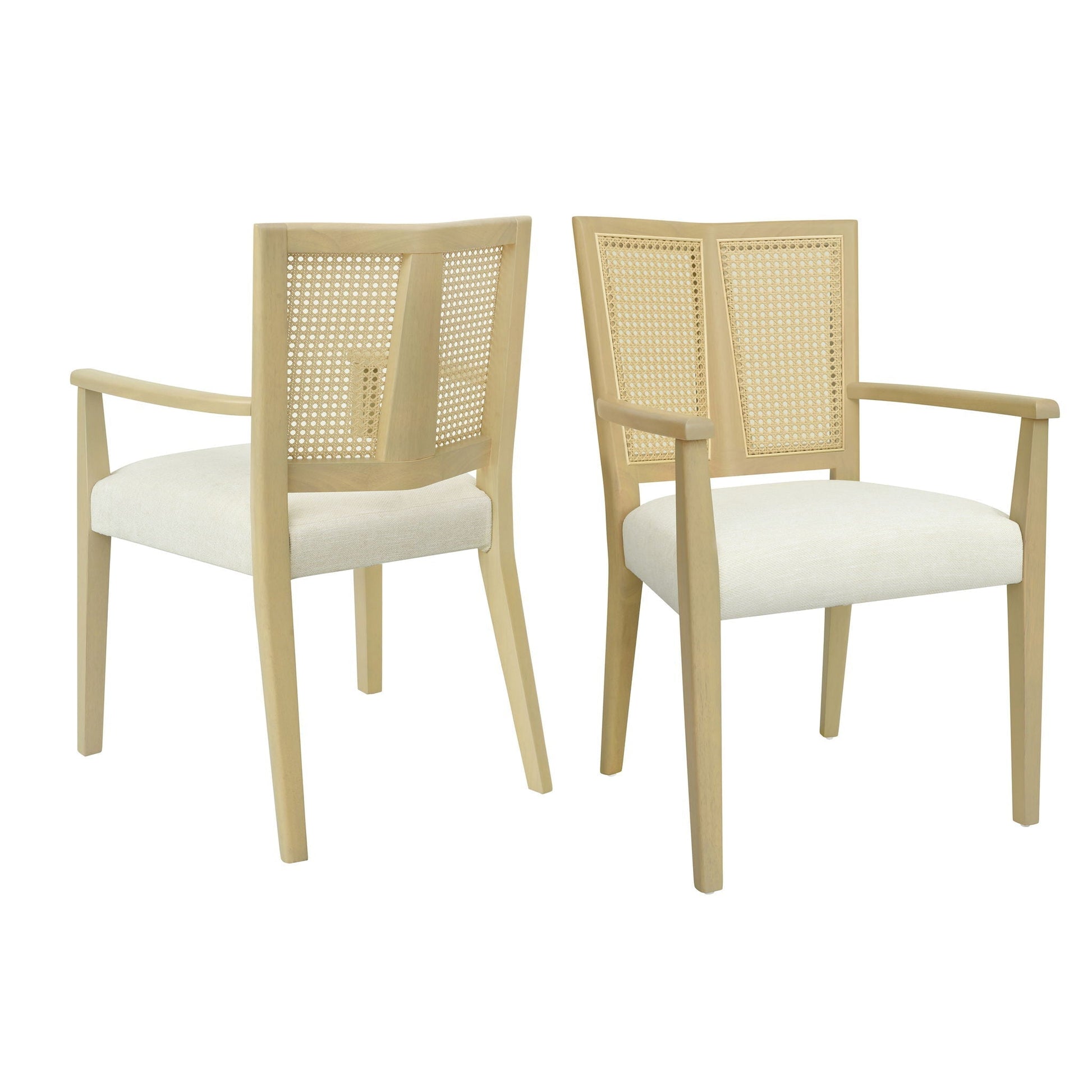 Mid Century Modern Arm Dining Chairs with rattan backrest, cushioned seats 2pc set on Tampa Home & Garden Store