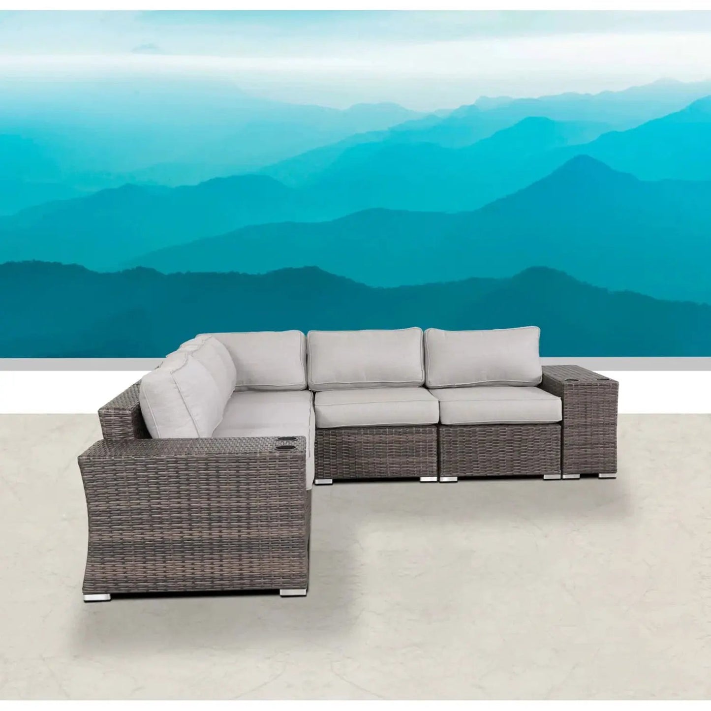 Rattan Sectional Sofa Set With Cushions brown wicker frame beige cushions stationary lounge on Tampa Home & Garden Store