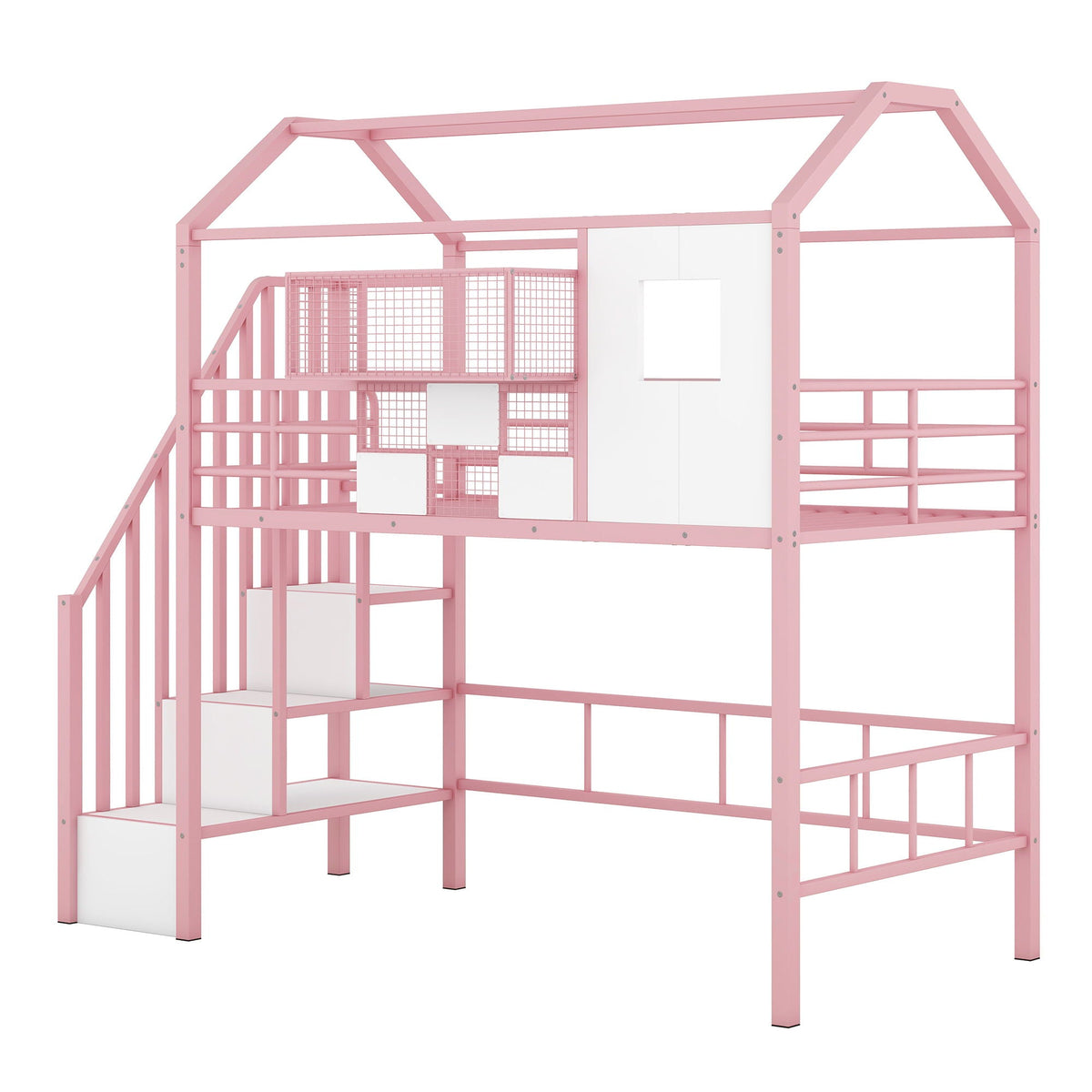 Loft bed HouseOfZazla pink metal loft bed with roof frame, guardrails, integrated ladder and underbed storage on Tampa Home & Garden Store