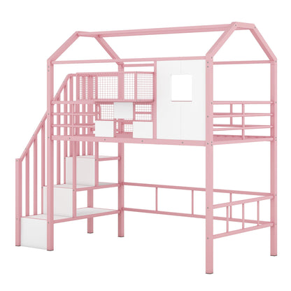 Loft bed HouseOfZazla pink metal loft bed with roof frame, guardrails, integrated ladder and underbed storage on Tampa Home & Garden Store
