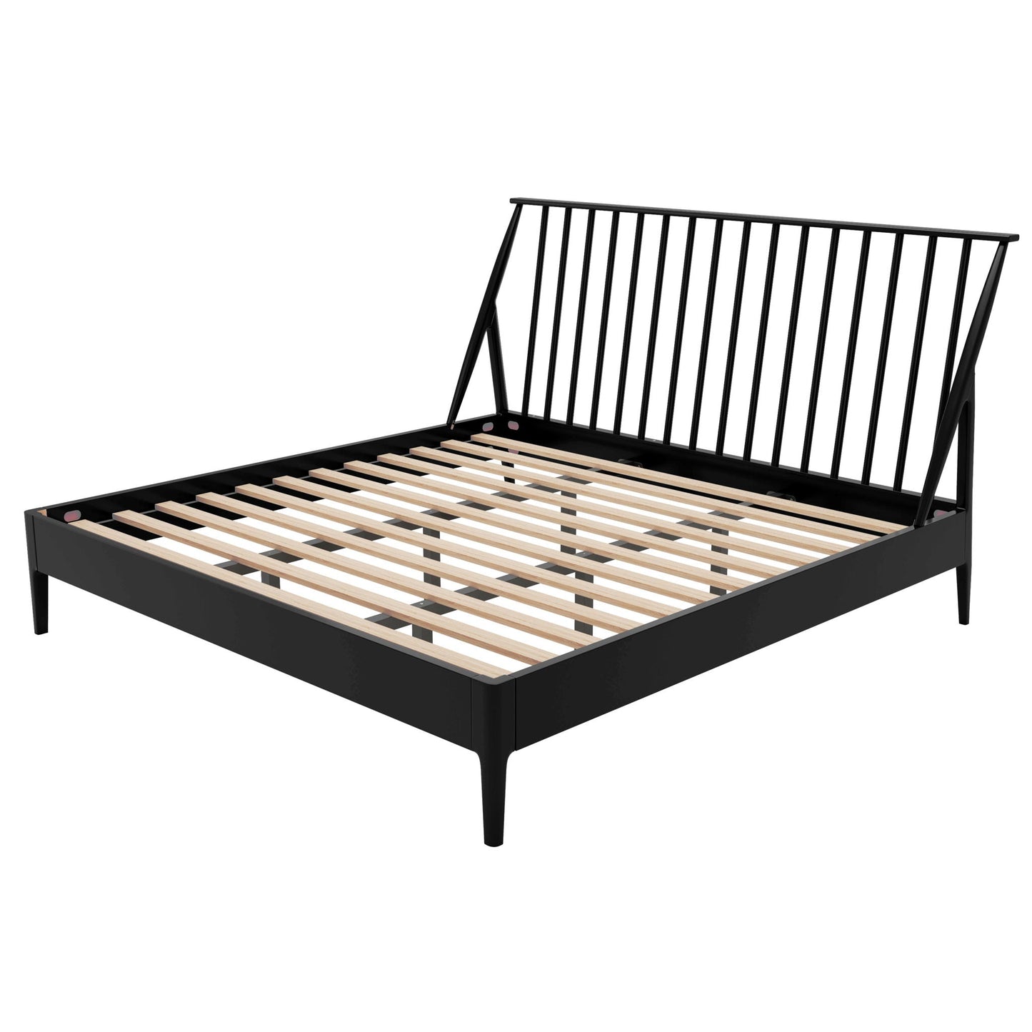 Bohemian platform bed with tall slatted headboard, black frame and light wood slats on Tampa Home & Garden Store