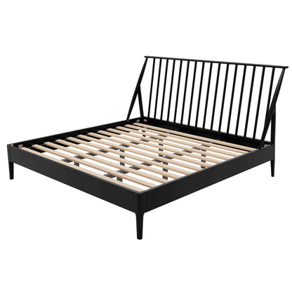 Bohemian platform bed with tall slatted headboard, black frame and light wood slats on Tampa Home & Garden Store