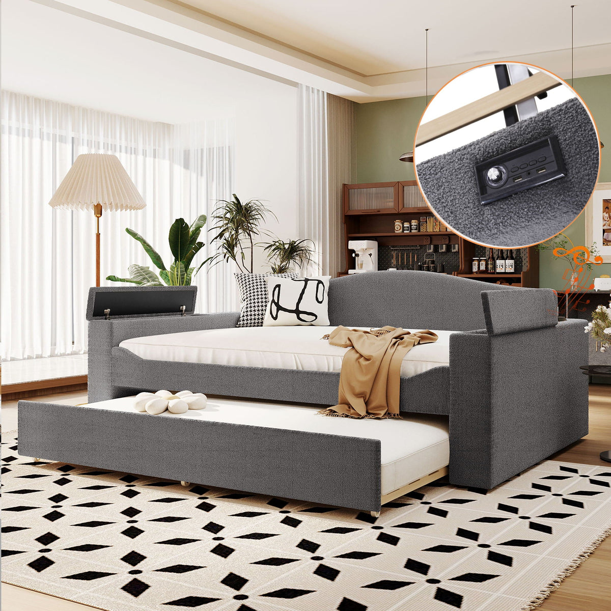 Upholstered daybed by HouseOfZazla with storage arms and trundle in gray fabric integrated audio on Tampa Home & Garden Store