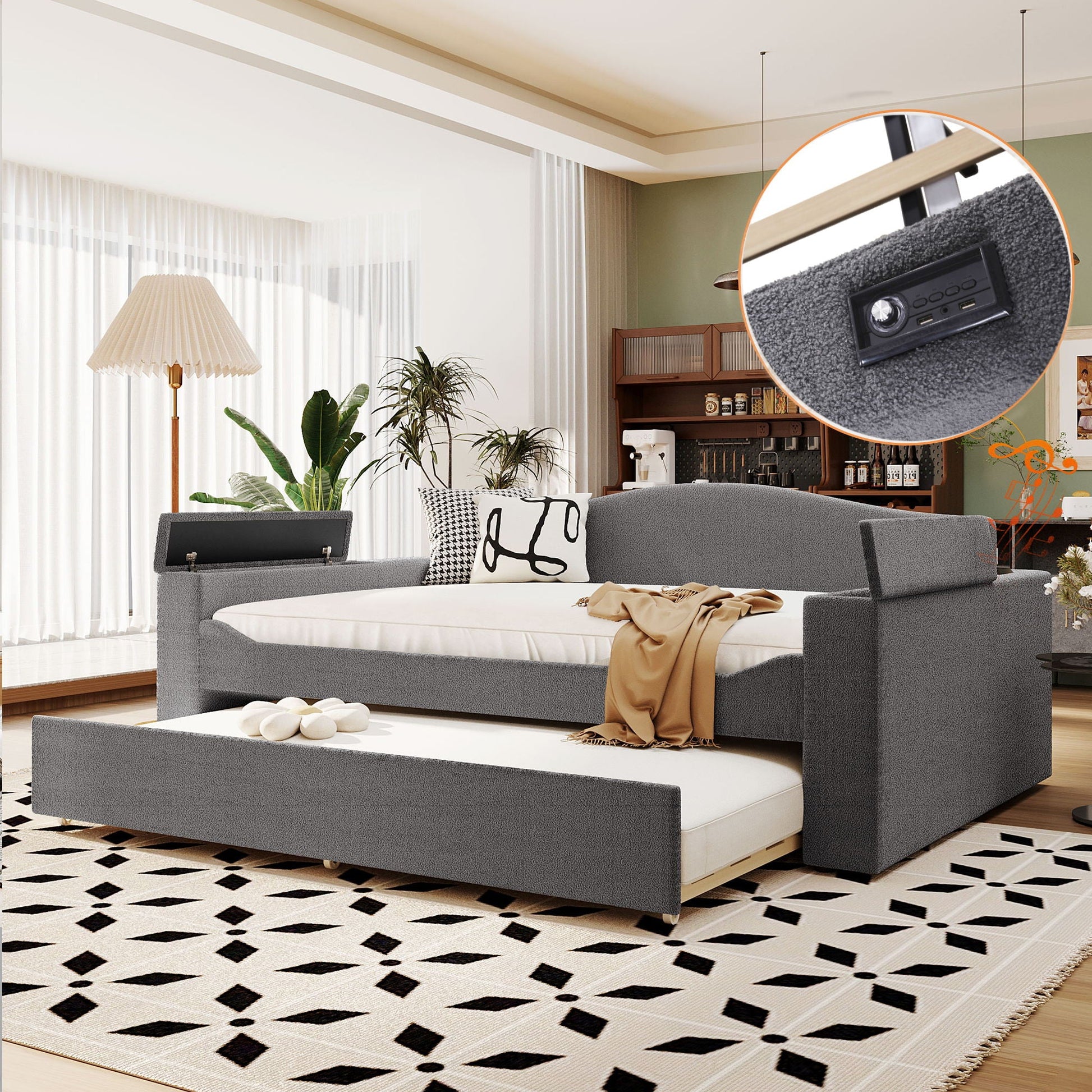 Upholstered daybed by HouseOfZazla with storage arms and trundle in gray fabric integrated audio on Tampa Home & Garden Store