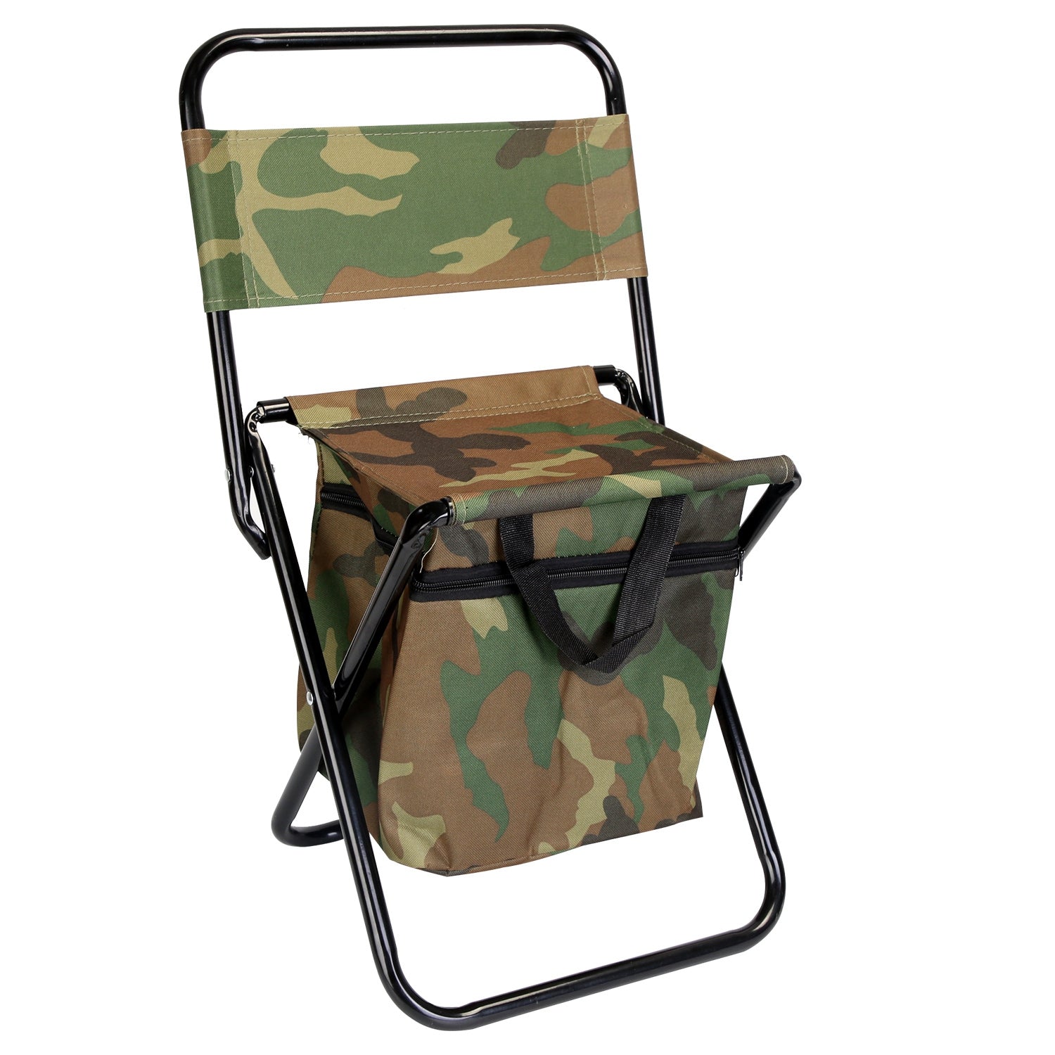 GemGear foldable camouflage fishing chair with backrest, built-in cooler bag, portable handle on Tampa Home & Garden Store
