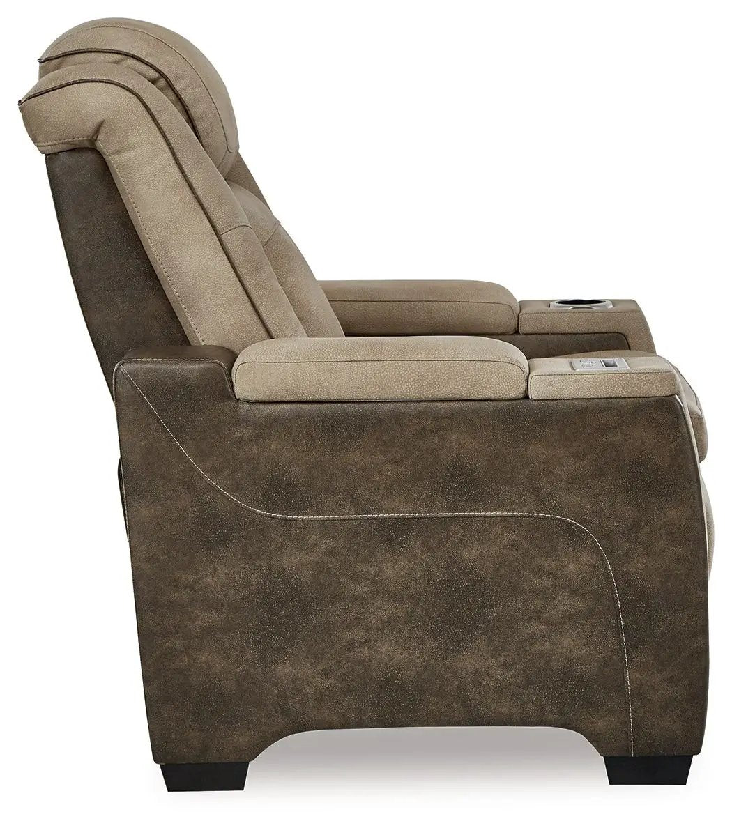 Next-Gen Durapella power recliner with adjustable headrest in tan/brown two-tone upholstery on Tampa Home & Garden Store