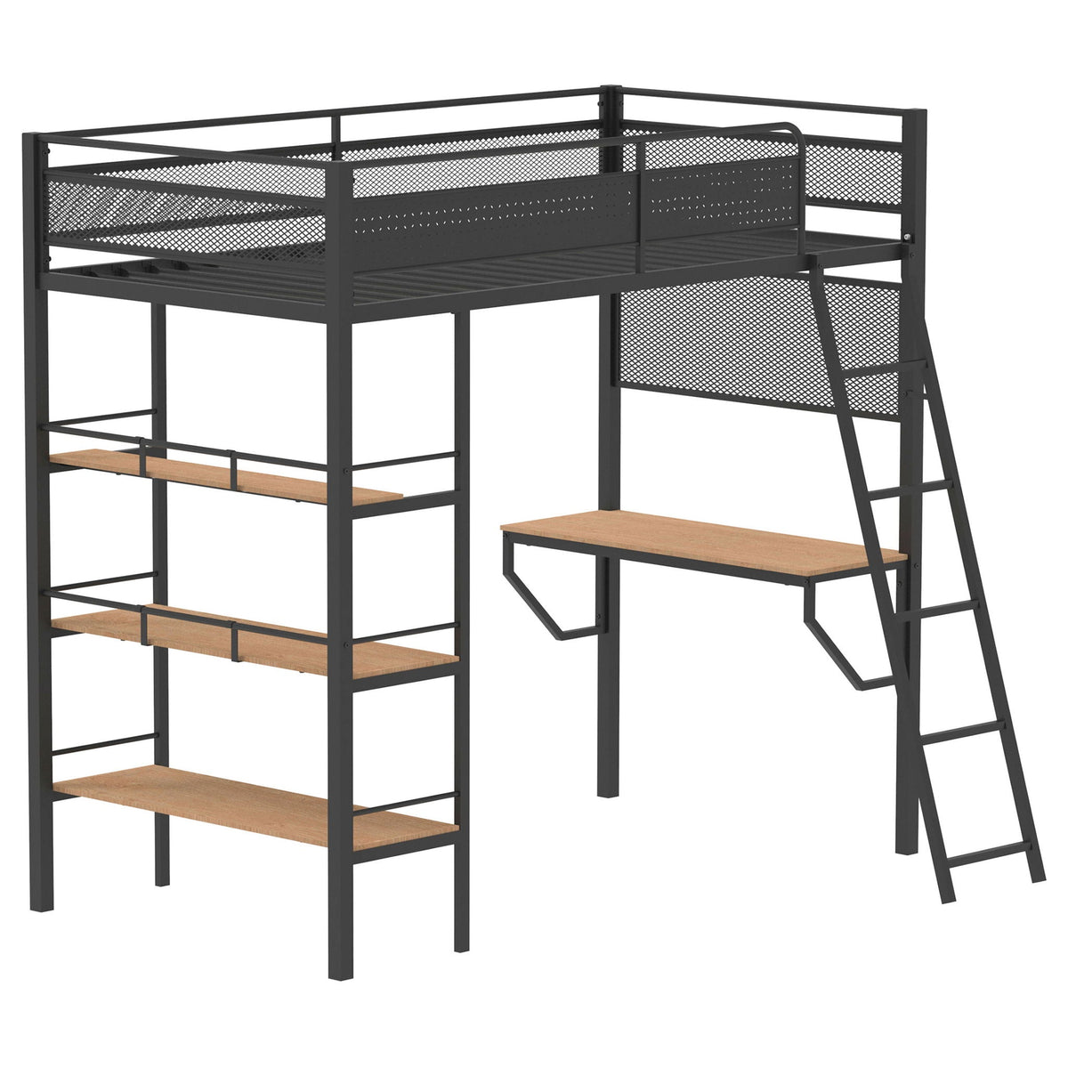 William Twin Loft Bed with built-in desk and 3 shelves in matte black metal frame on Tampa Home & Garden Store