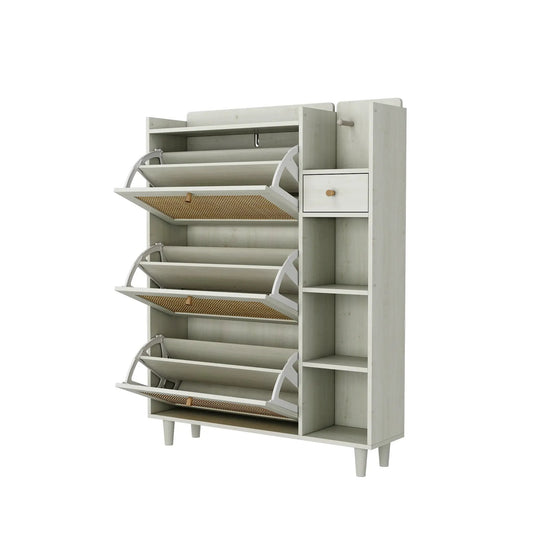 Natural Bohemian Shoe Cabinet With 3 Flip Drawers, light wood finish, cane-woven fronts on Tampa Home & Garden Store