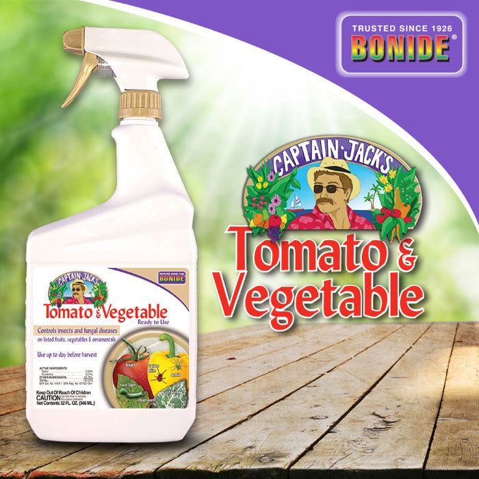 White plastic spray bottle of Bonide Tomato & Vegetable Ready-To-Use with Captain Jack's label on Tampa Home & Garden Store