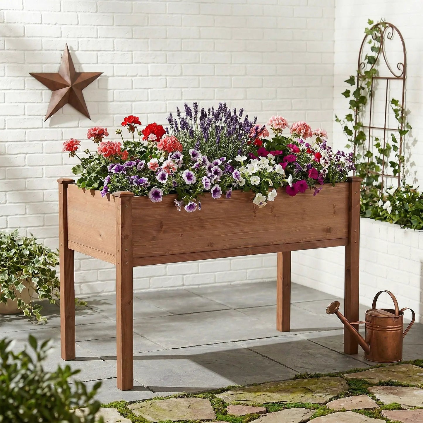 Elevated wooden garden bed planter with petunias and lavender Unique Piece Furniture on Tampa Home & Garden Store