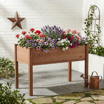 Elevated wooden garden bed planter with petunias and lavender Unique Piece Furniture on Tampa Home & Garden Store