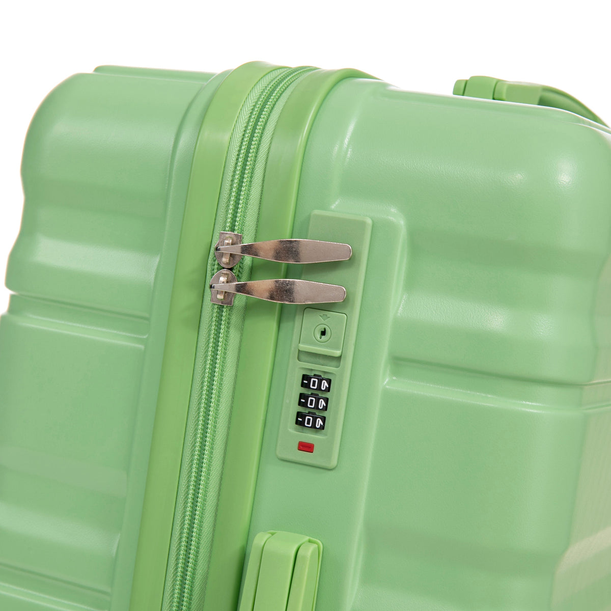 Luggage HIFINE Tourist 3-Piece Spinner Wheel Set in Green, close-up of zipper and combo lock on Tampa Home & Garden Store