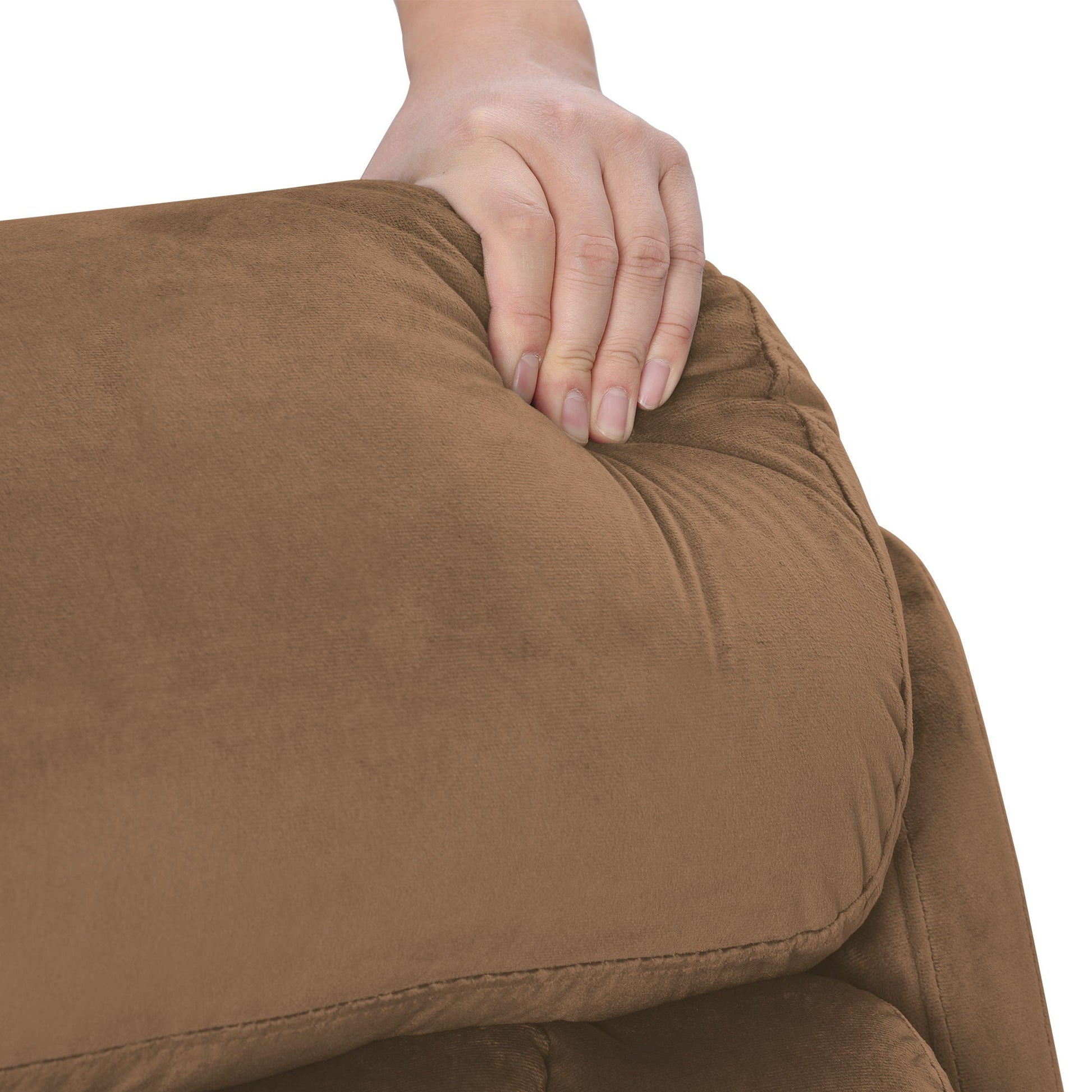 Lift Chair Recliner brown cashmere fabric upholstery with hand resting on soft cushion on Tampa Home & Garden Store