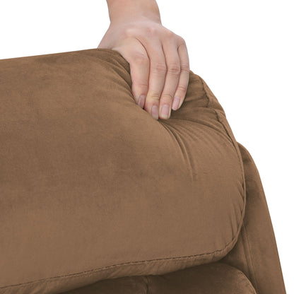 Lift Chair Recliner brown cashmere fabric upholstery with hand resting on soft cushion on Tampa Home & Garden Store