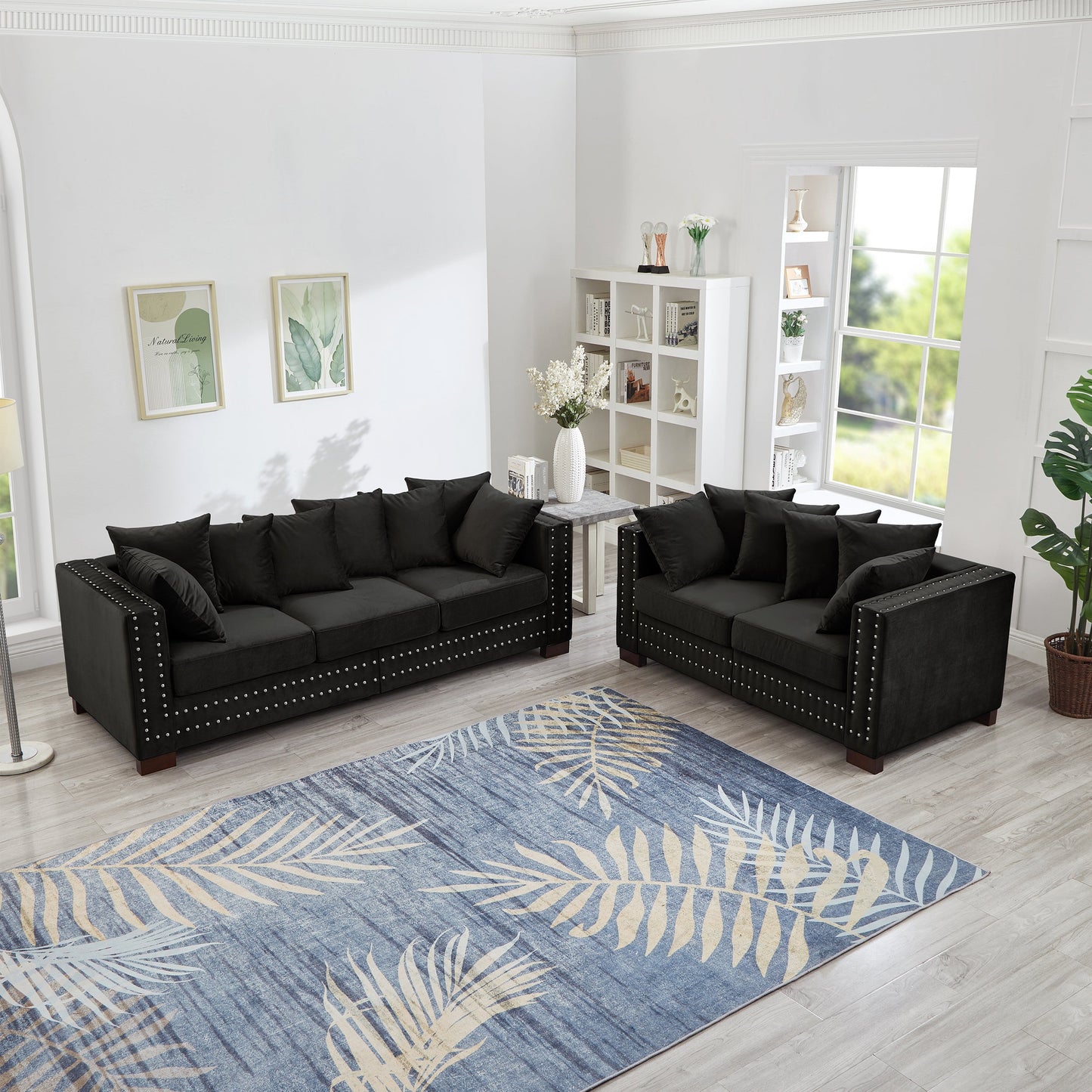 Modern Velvet and Wooden Living Room Sofa Set