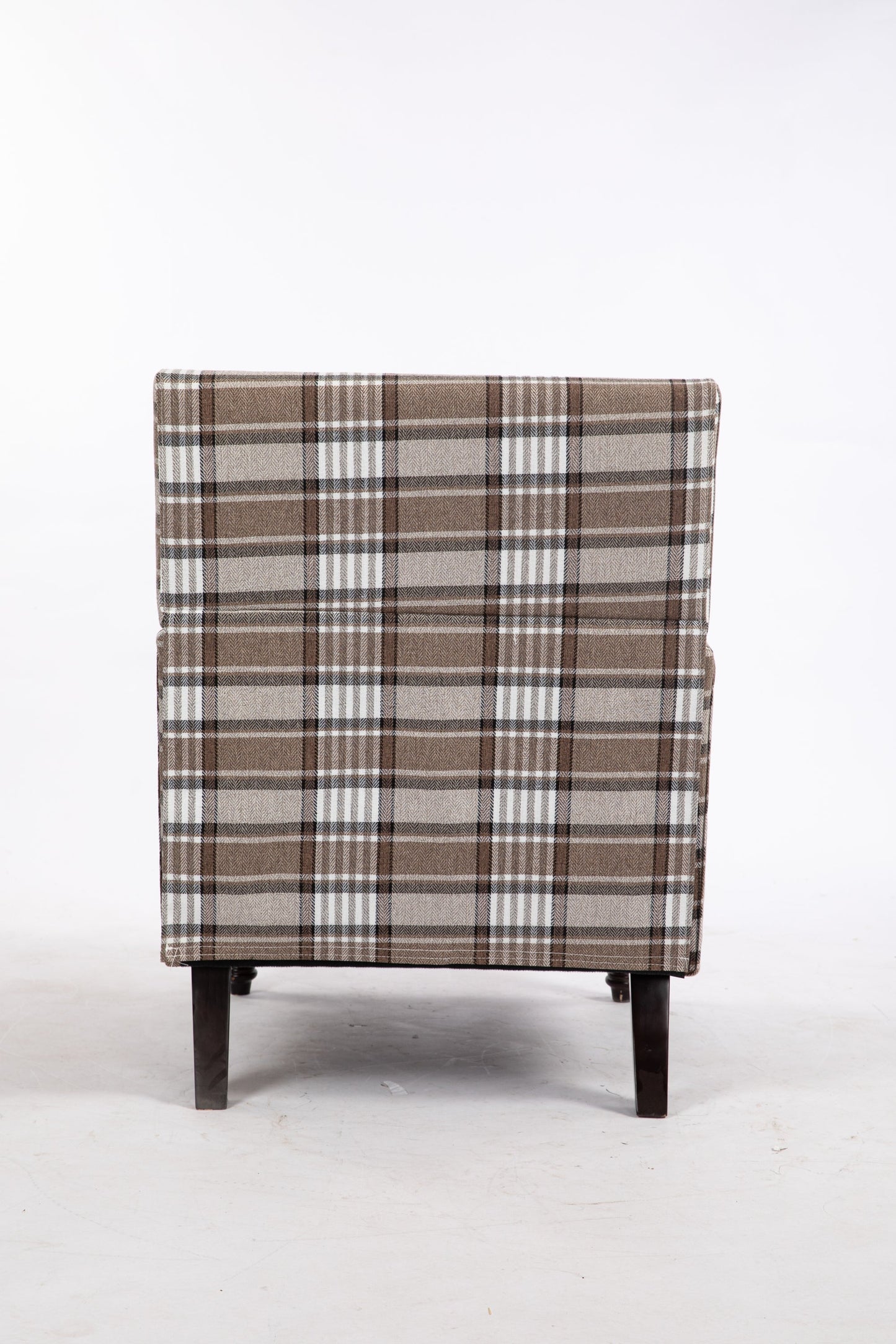 Upholstered accent chair in brown plaid fabric with dark wood legs on Tampa Home & Garden Store