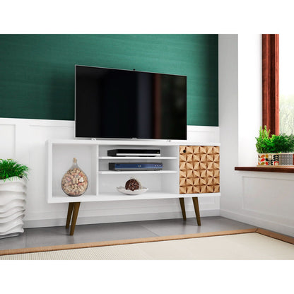 Smart Storage TV Stand with Solid Wood Legs white finish supports TV and media devices on Tampa Home & Garden Store