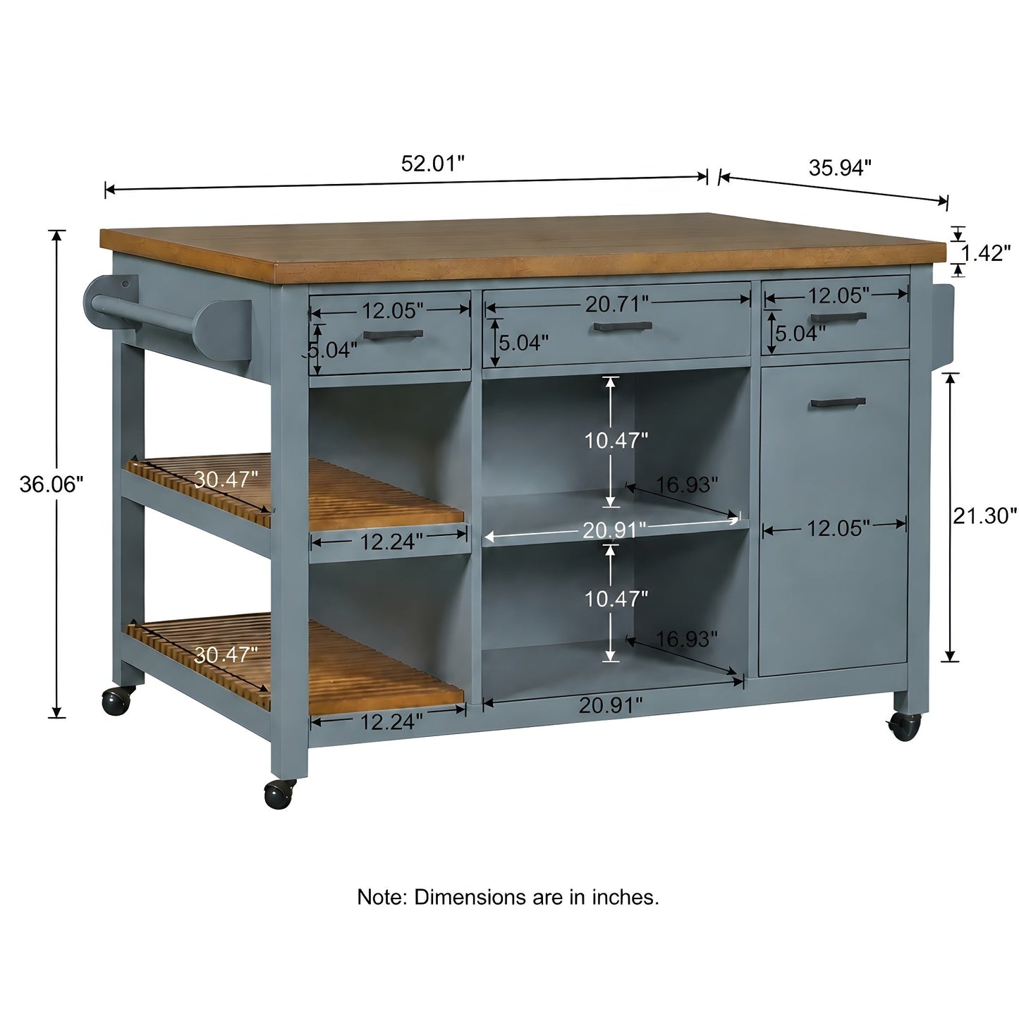 52-inch Kitchen Island Cart with Rubber Wood Top, blue base, drawers and shelves on wheels on Tampa Home & Garden Store