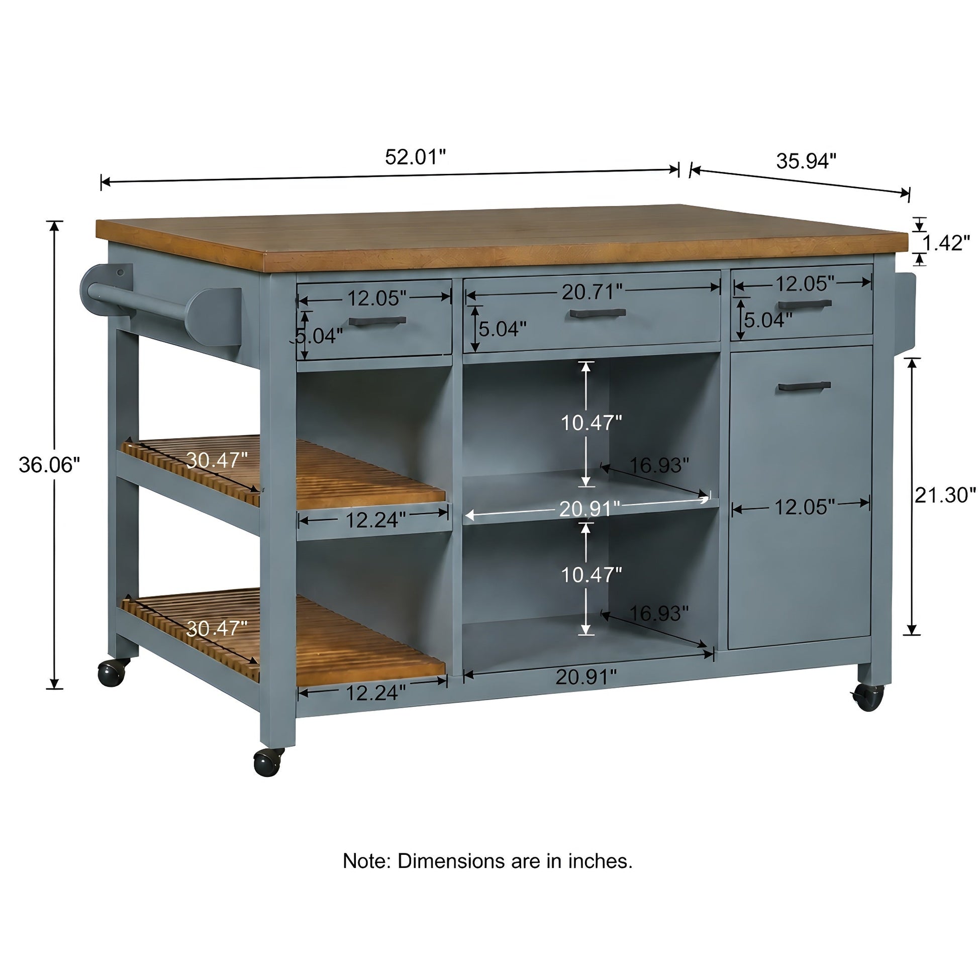 52-inch Kitchen Island Cart with Rubber Wood Top, blue base, drawers and shelves on wheels on Tampa Home & Garden Store