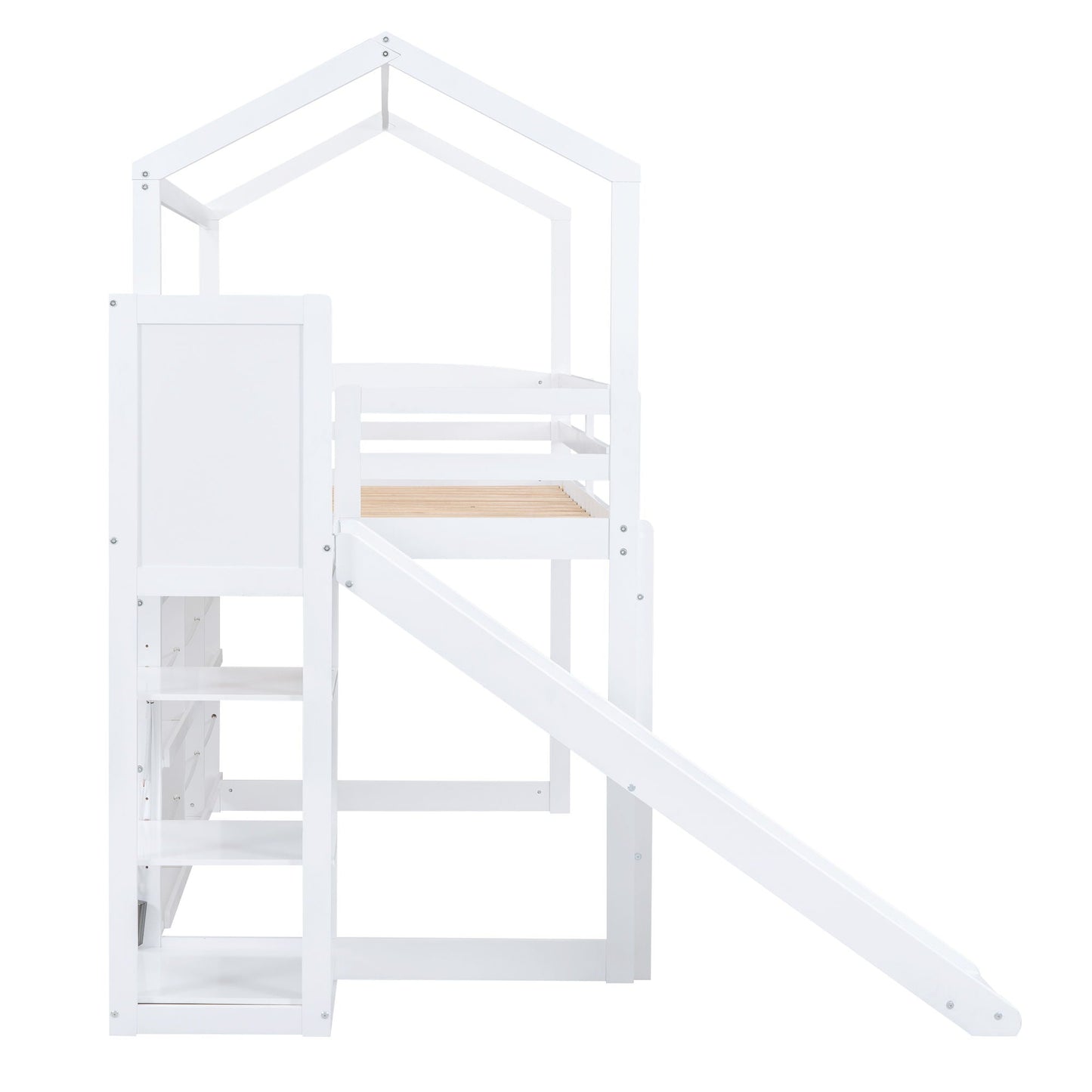 HouseOfZazla white house loft bed with slide, climbing ramp and storage shelves on Tampa Home & Garden Store