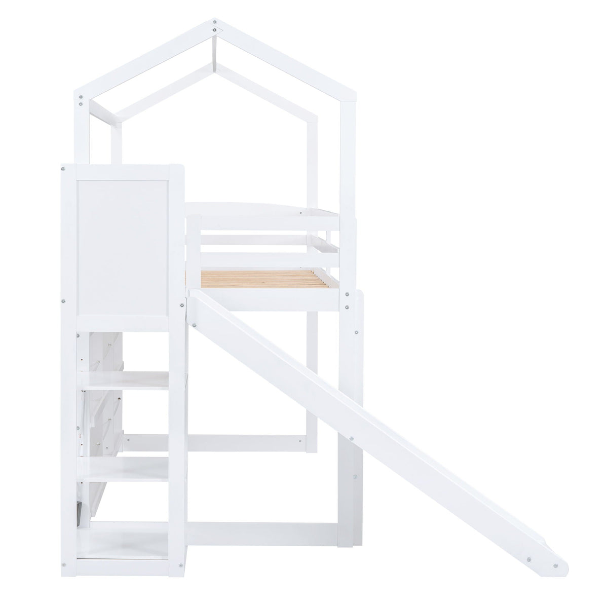 HouseOfZazla white house loft bed with slide, climbing ramp and storage shelves on Tampa Home & Garden Store