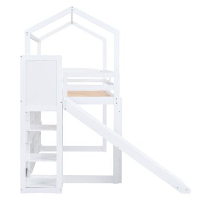HouseOfZazla white house loft bed with slide, climbing ramp and storage shelves on Tampa Home & Garden Store