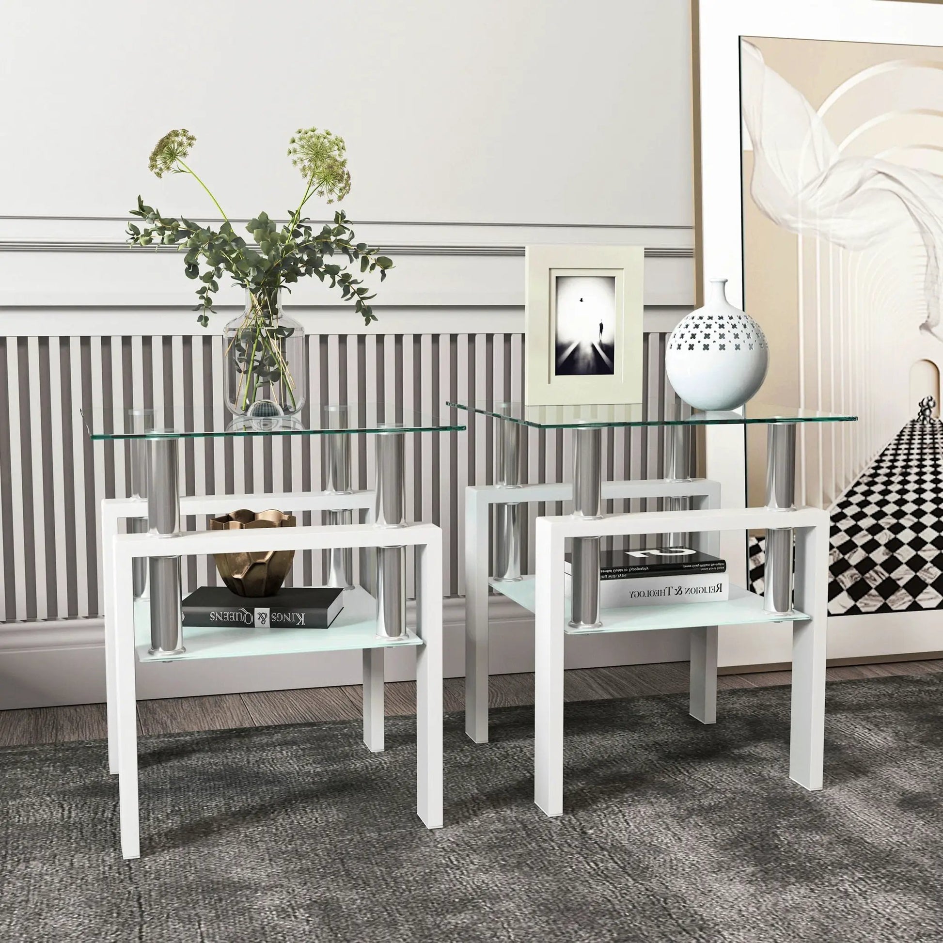 Two modern tempered glass end tables with white frames and chrome legs by Unique Piece Furniture on Tampa Home & Garden Store