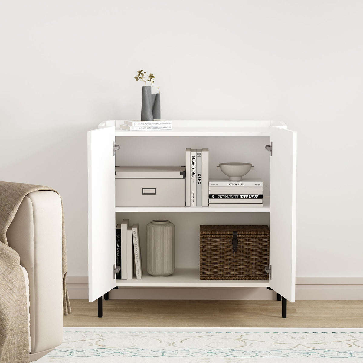 Abbey Accent Cabinet white with rounded edges and soft-close doors; top features two tall gray vases on Tampa Home & Garden Store