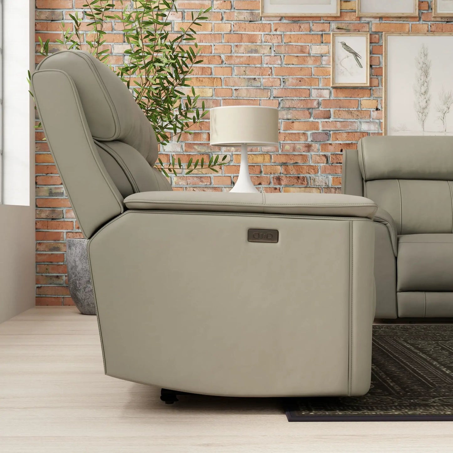 Oslo Dual Power Reclining Sofa in light gray leather with plush cushions on Tampa Home & Garden Store
