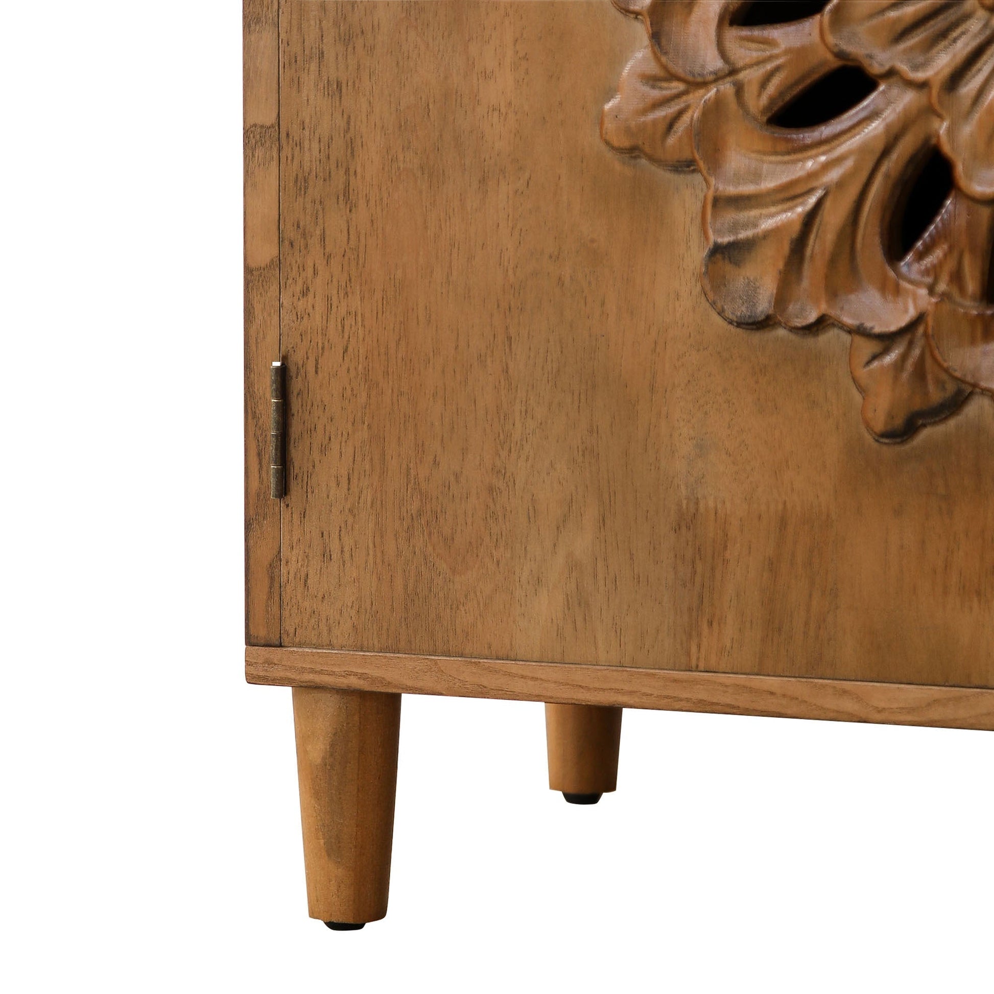 Rustic hand-carved wooden 2-door cabinet with carved floral panel and tapered legs on Tampa Home & Garden Store