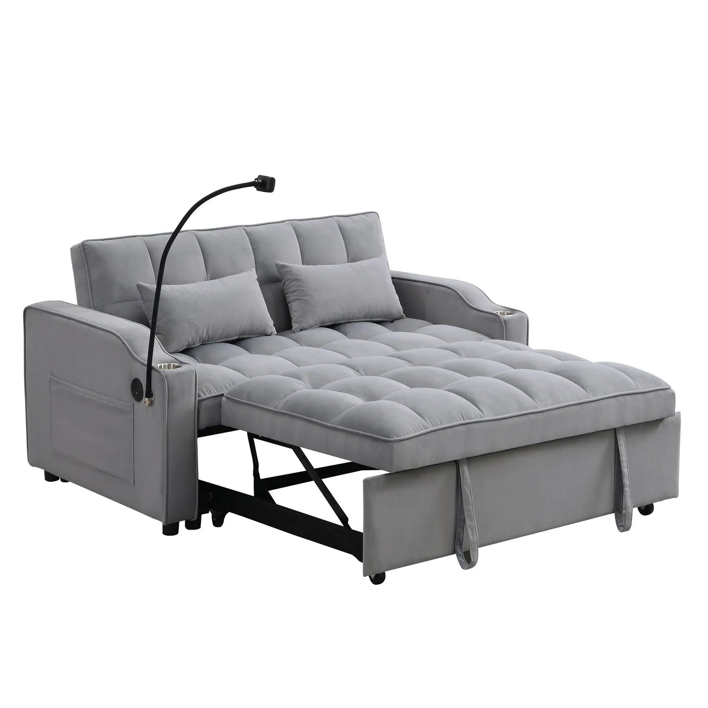 Modern loveseat futon sofa in gray fabric with tufted cushions and pullout bed on Tampa Home & Garden Store