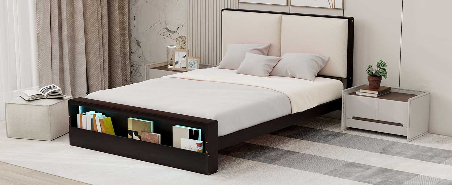 Queen Size Platform Bed Frame with Upholstery Headboard and Bookshelf in Footboard and LED Light Strips, Espresso - Tampa Home & Garden Store