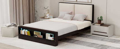Queen Size Platform Bed Frame with Upholstery Headboard and Bookshelf in Footboard and LED Light Strips, Espresso - Tampa Home & Garden Store