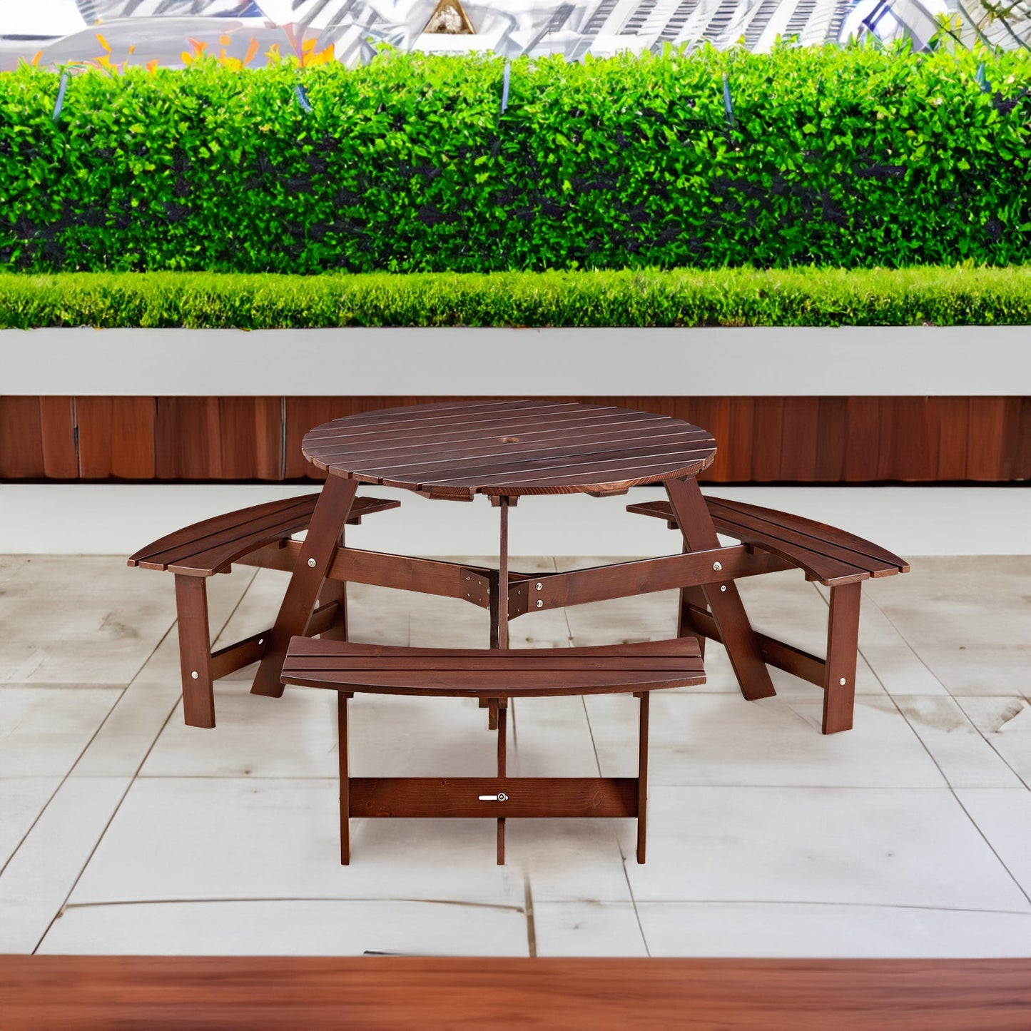 6-person circular picnic table with 3 built-in benches, umbrella holes, outdoor tables and chairs brown bench set - Tampa Home & Garden Store