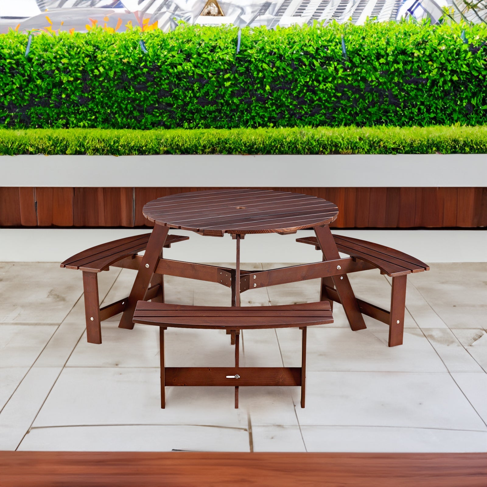 6-person circular picnic table with 3 built-in benches, umbrella holes, outdoor tables and chairs brown bench set - Tampa Home & Garden Store