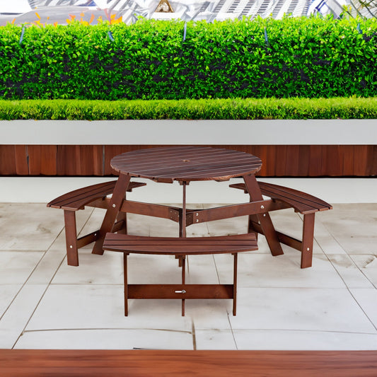 6-person circular picnic table with 3 built-in benches, umbrella holes, outdoor tables and chairs brown bench set - Tampa Home & Garden Store