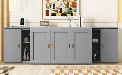 Full Size Murphy Bed with Shelves, Cabinets and USB Ports,Gray