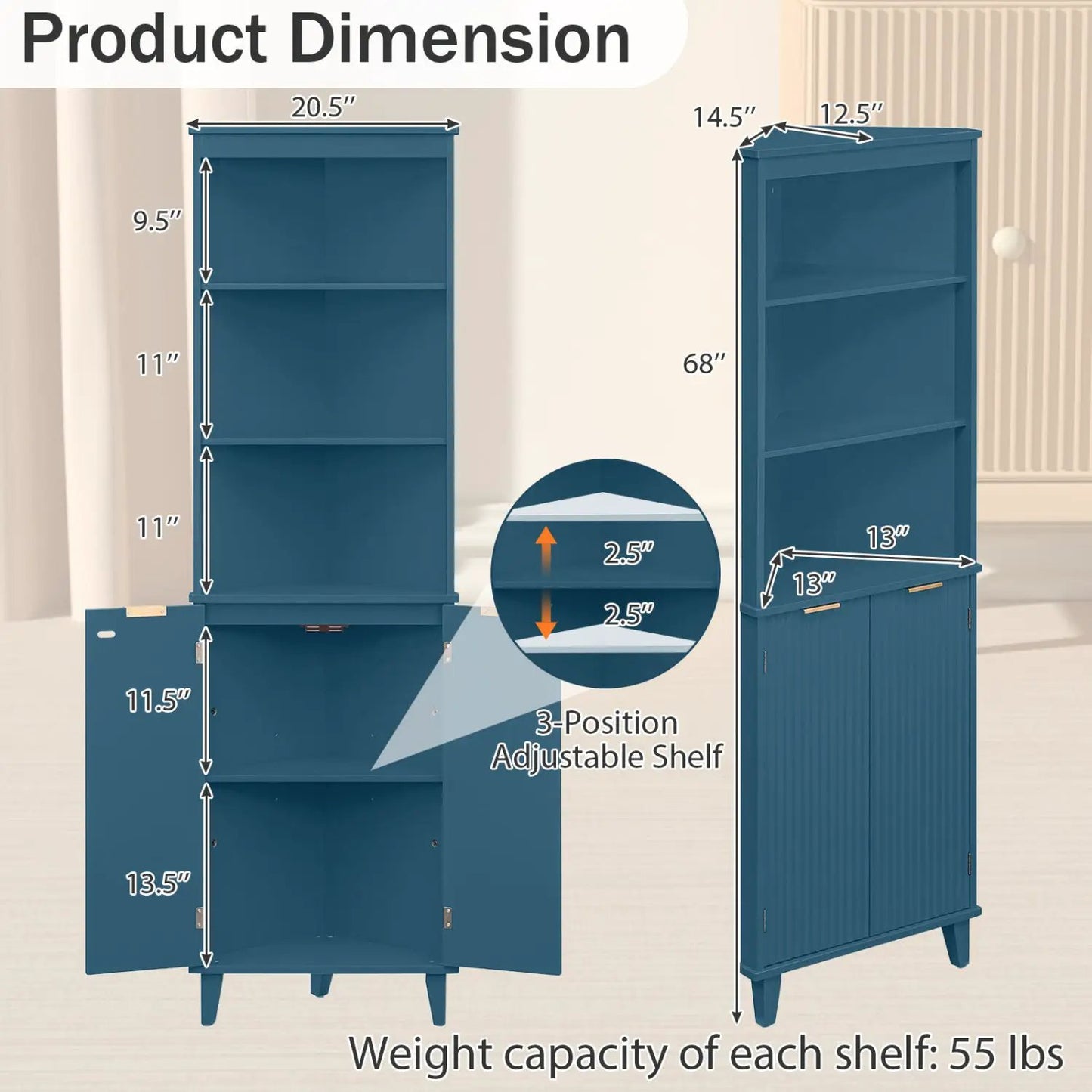 68 Inch Tall Bathroom Floor Cabinet Fluted Doors