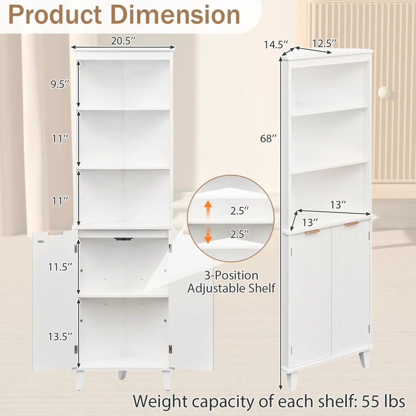 68 Inch Tall Bathroom Floor Cabinet Fluted Doors