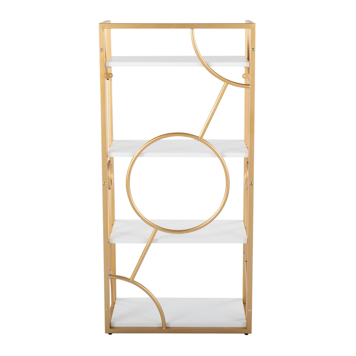 Contemporary etagere with four white shelves and a gold metal frame on Tampa Home & Garden Store