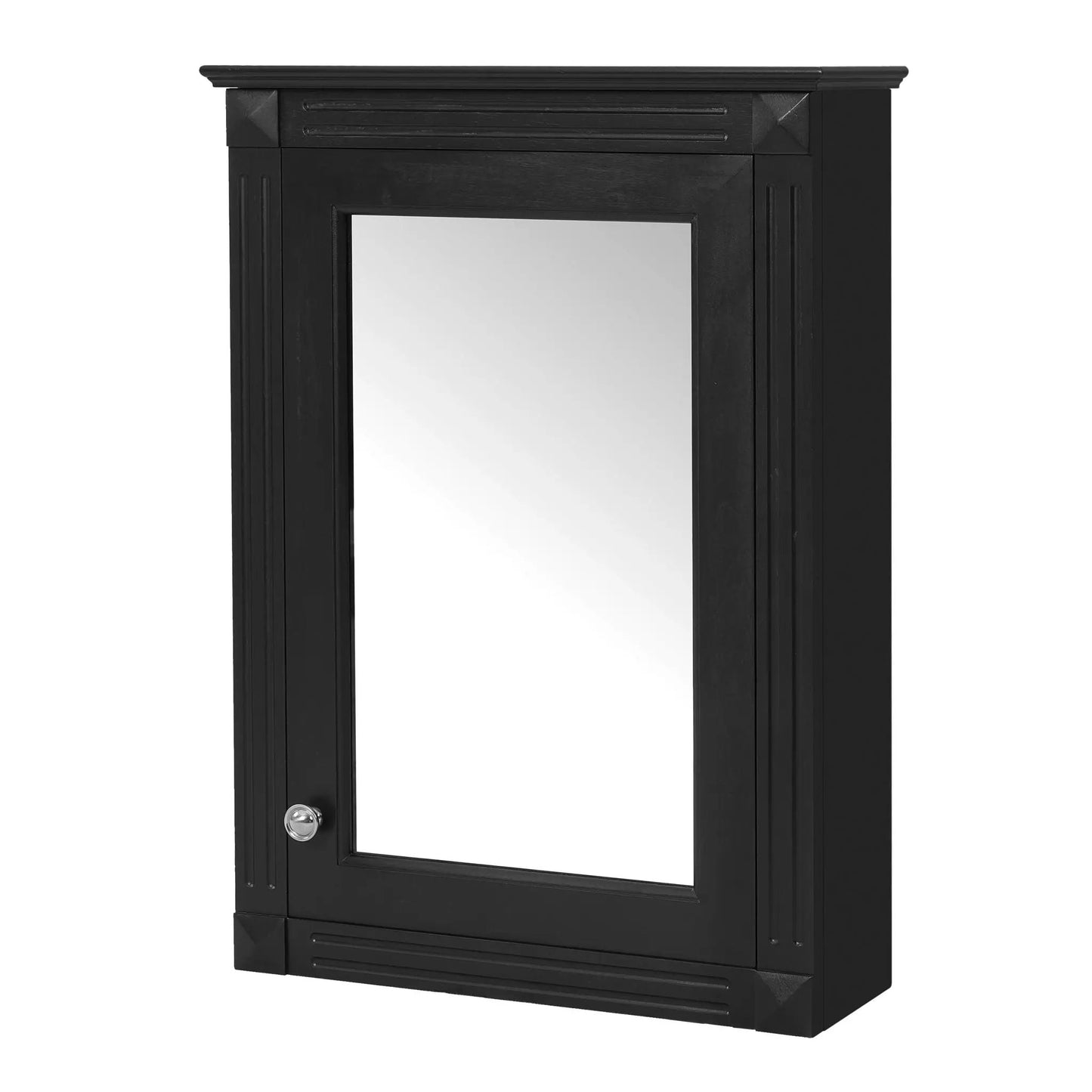 Black wall-mounted medicine cabinet with mirrored door for over-toilet use; paneled wood frame on Tampa Home & Garden Store