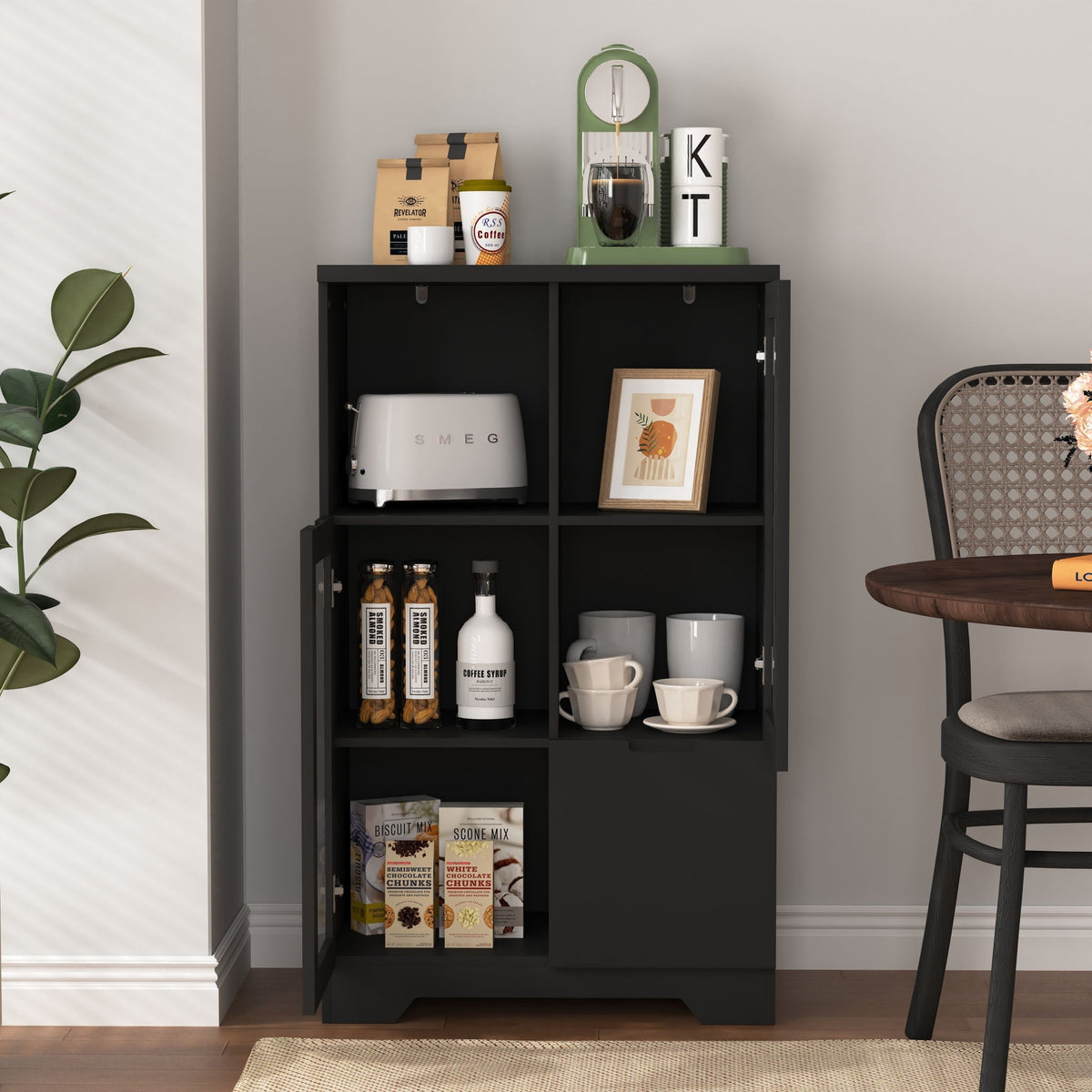 Modern accent cabinet by HouseOfZazla in black with open shelves, showcasing coffee bags and mugs on Tampa Home & Garden Store