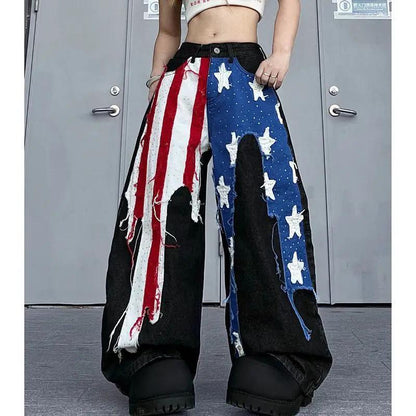 Womens American-style Washed Striped Patch Jeans with red white blue flag patches FLIPSTYLEZLLC on Tampa Home & Garden Store