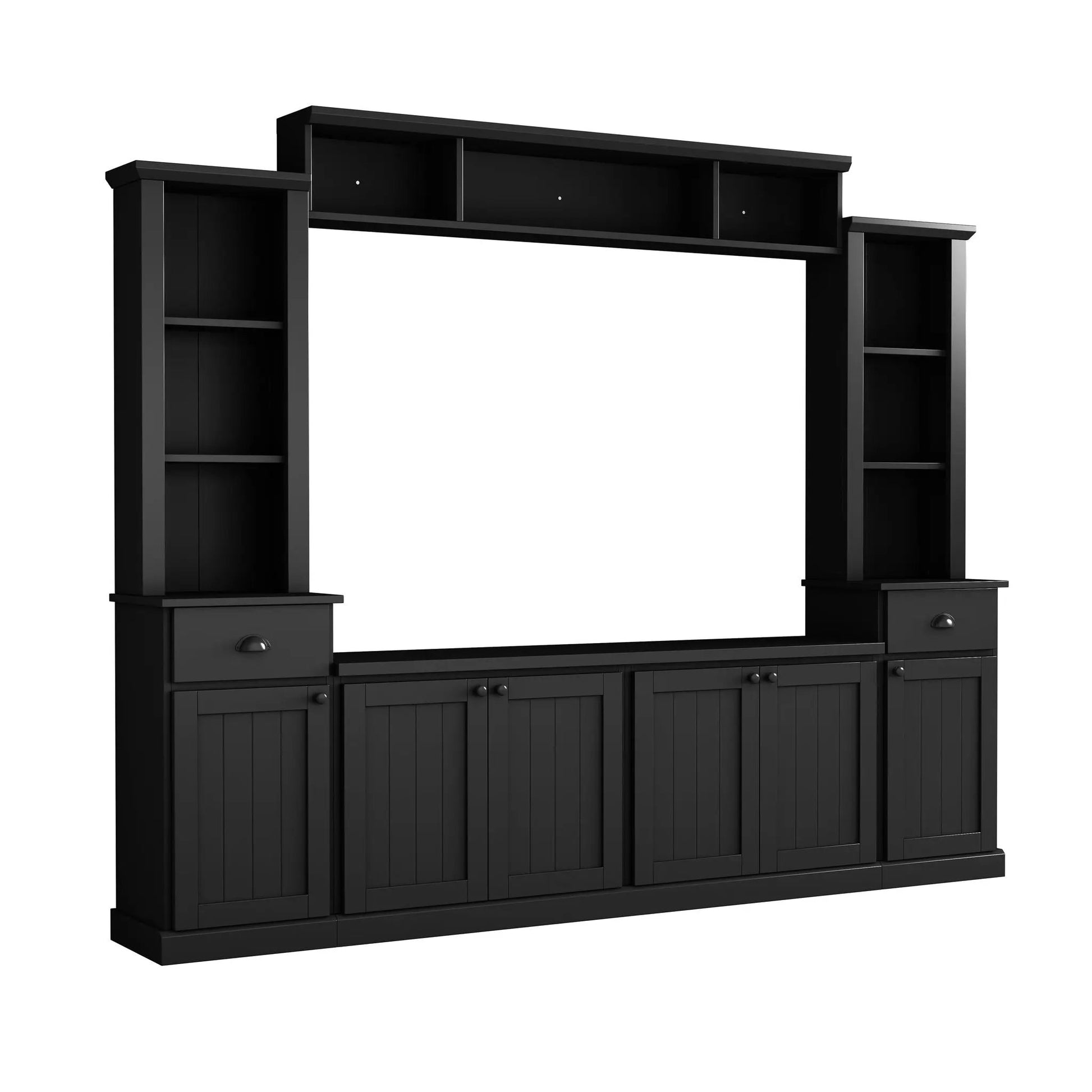 Minimalist black entertainment wall unit with bridge for TVs up to 75in on Tampa Home & Garden Store