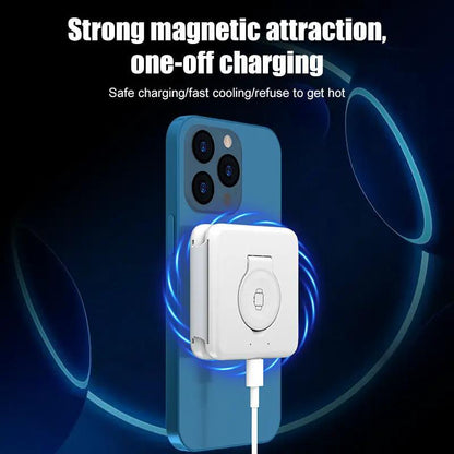FLIPSTYLEZLLC folding magnetic suction wireless charger 3-in-1 attached to blue smartphone on Tampa Home & Garden Store